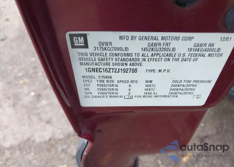 2002 Chevrolet Suburban Ls from USA, damaged, VIN 1GNEC16Z72J192708